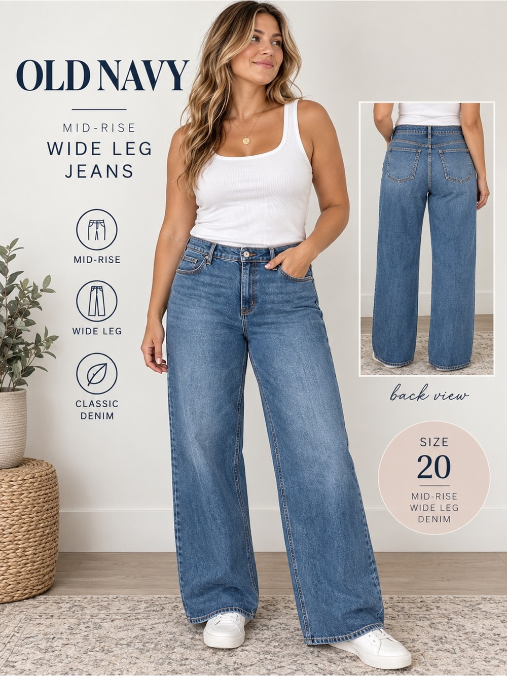 Old Navy Size 20 Mid-Rise Wide Leg Jeans Medium Wash Denim 31” Inseam